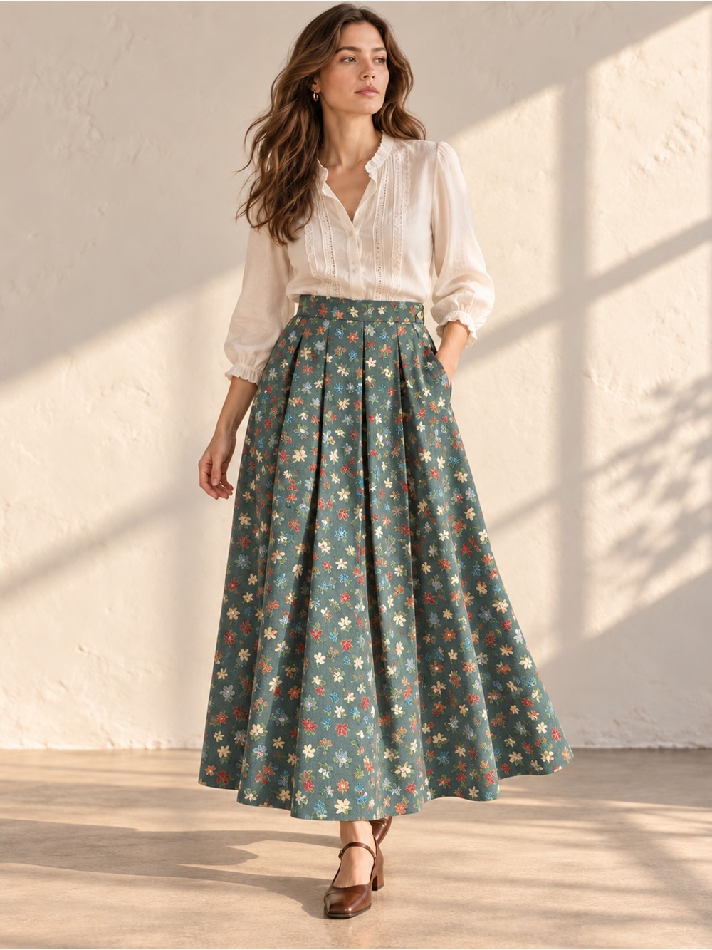 Vintage GEIGER Floral Linen Blend Pleated Maxi Skirt Made in Austria Sz 38